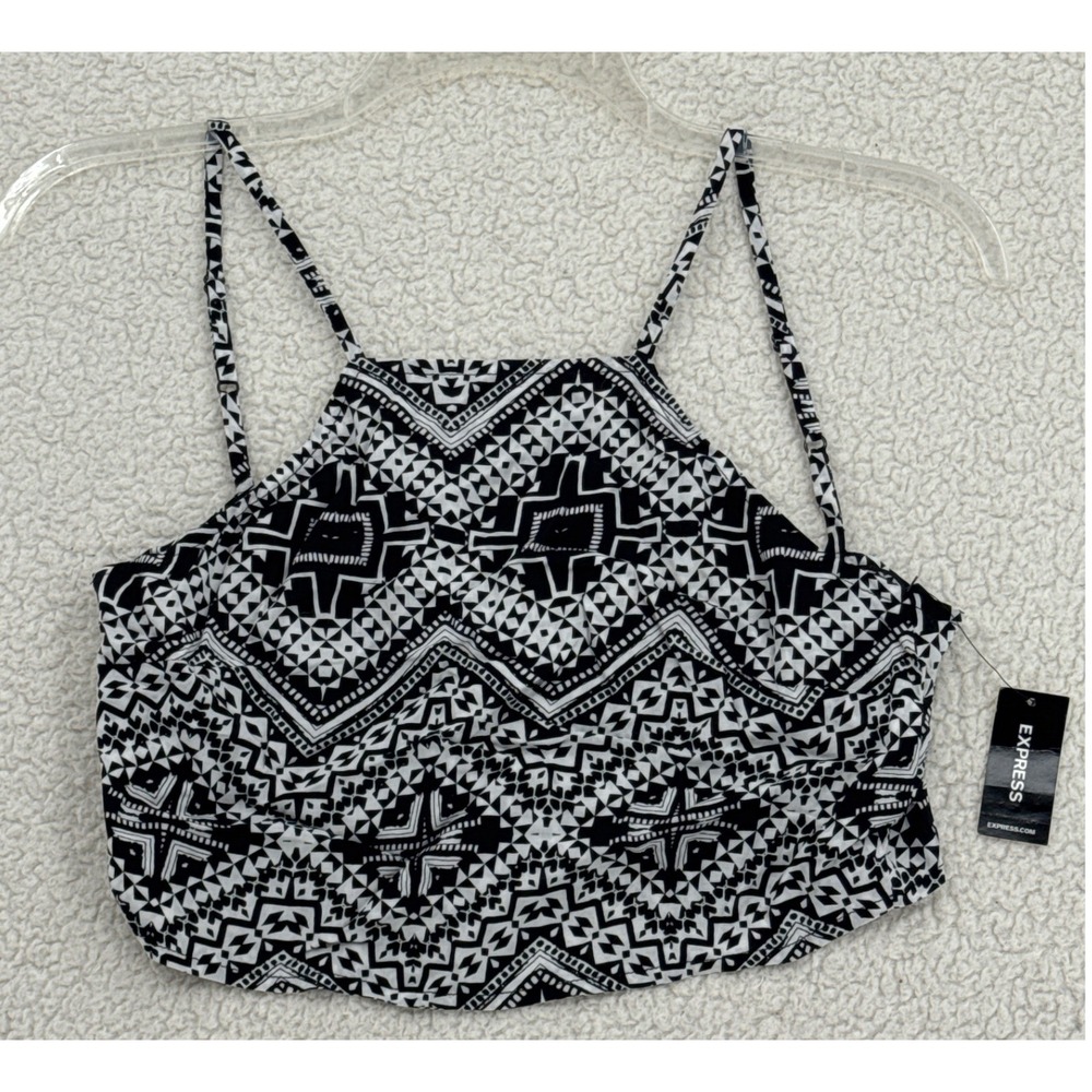 EXPRESS Crop Top Women Size XS Black White Geometric Print Tie Back Halter Boho